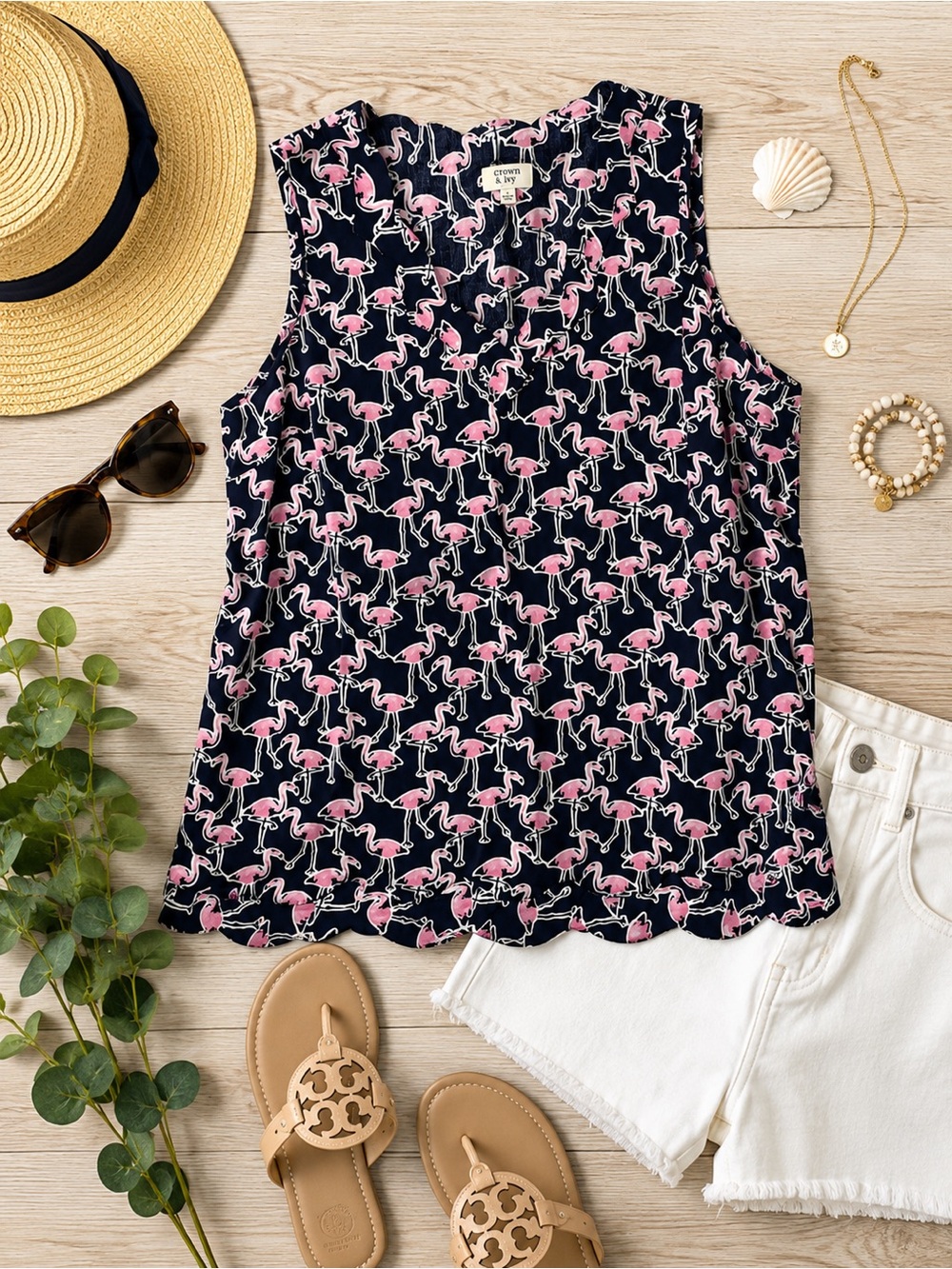 Crown & Ivy Flamingo Print Sleeveless Tank Top Navy Pink Scalloped Hem XL